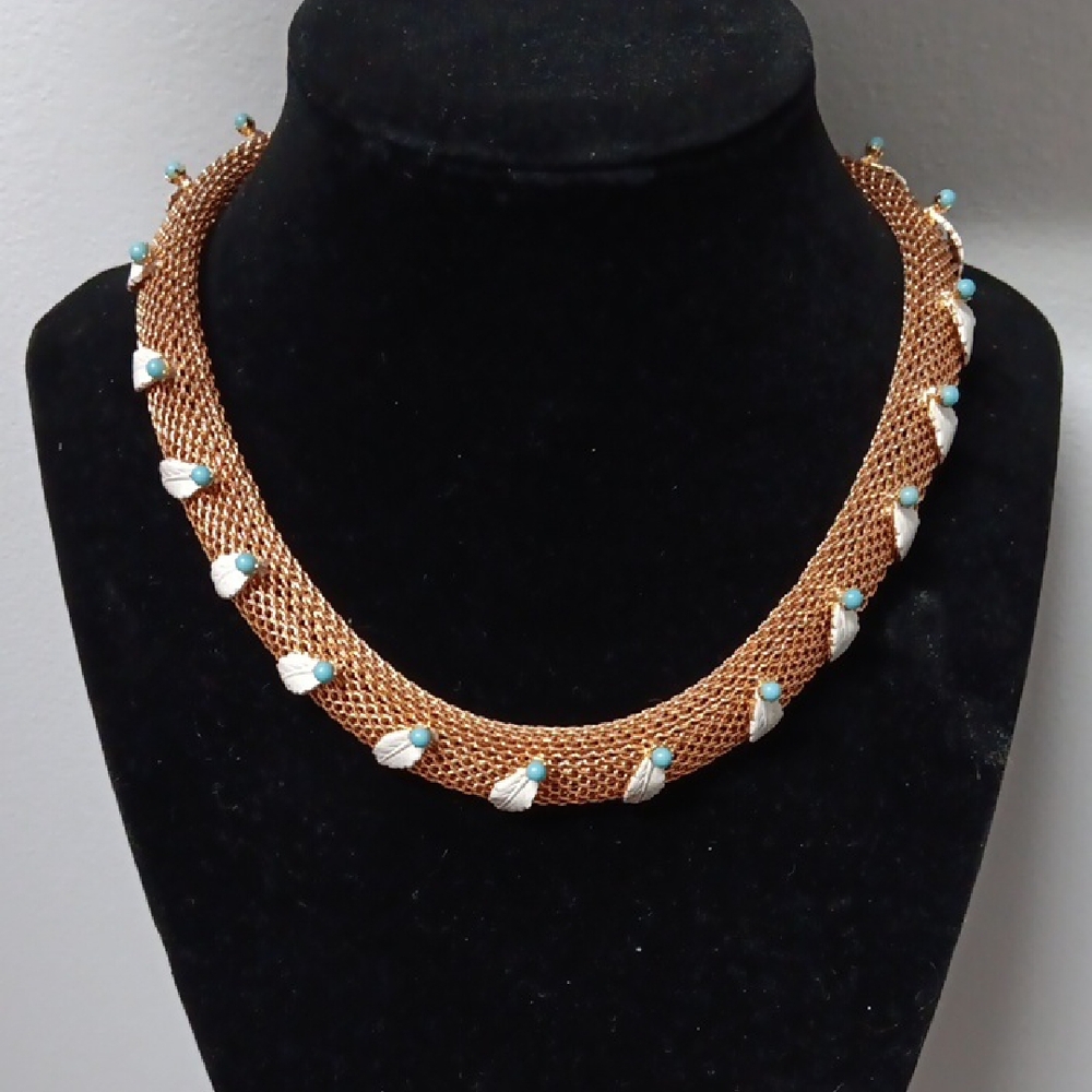 Elegant Gold Mesh Necklace with White and Turquoise Accents